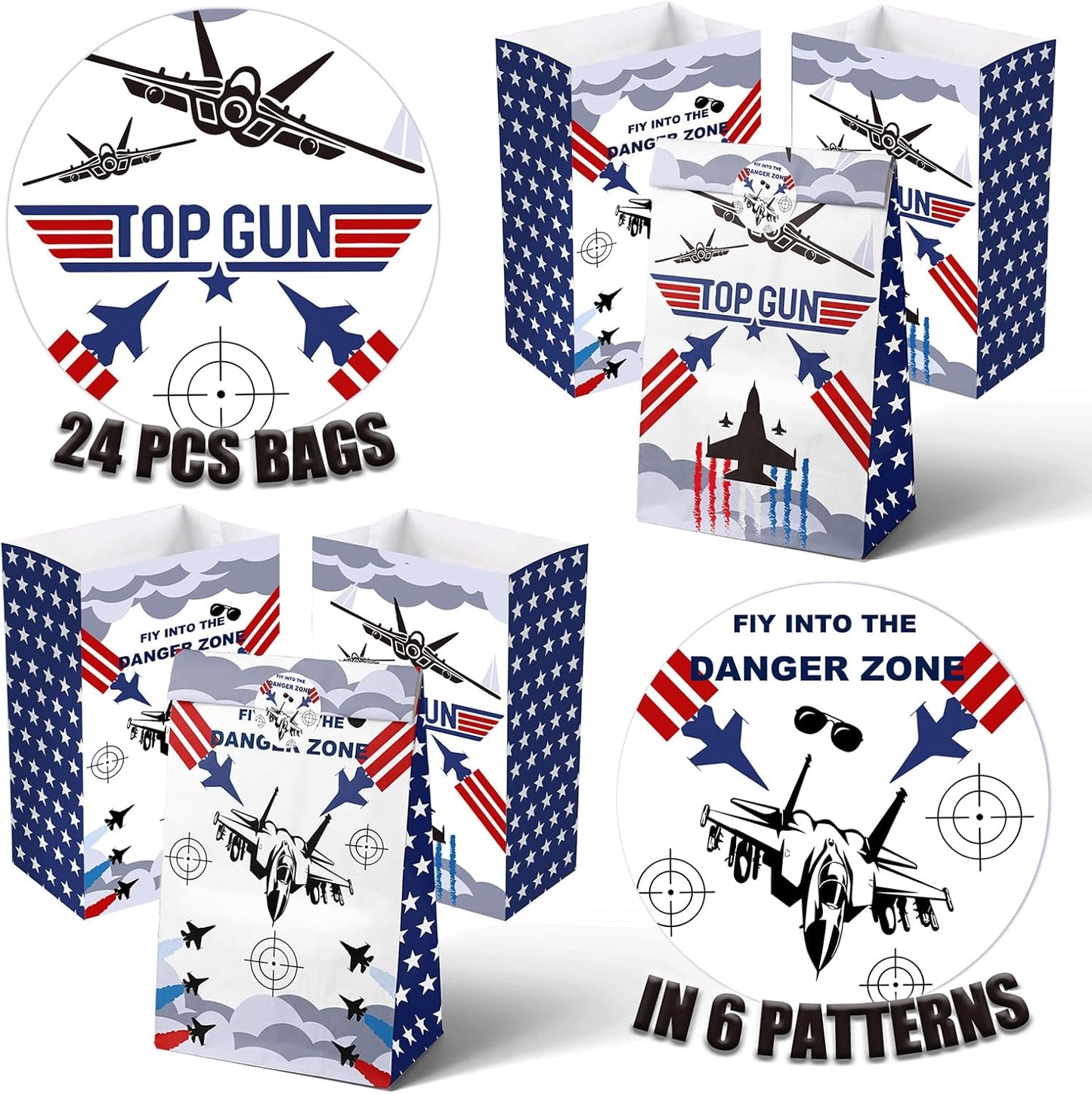 Fighter Jet Party Favor Bags – 24 Pcs Jet Fighter Style Gift Bags with 2 Designs, Paper Goodie Bags for Aviation Theme Birthday Decorations and Military Party Supplies