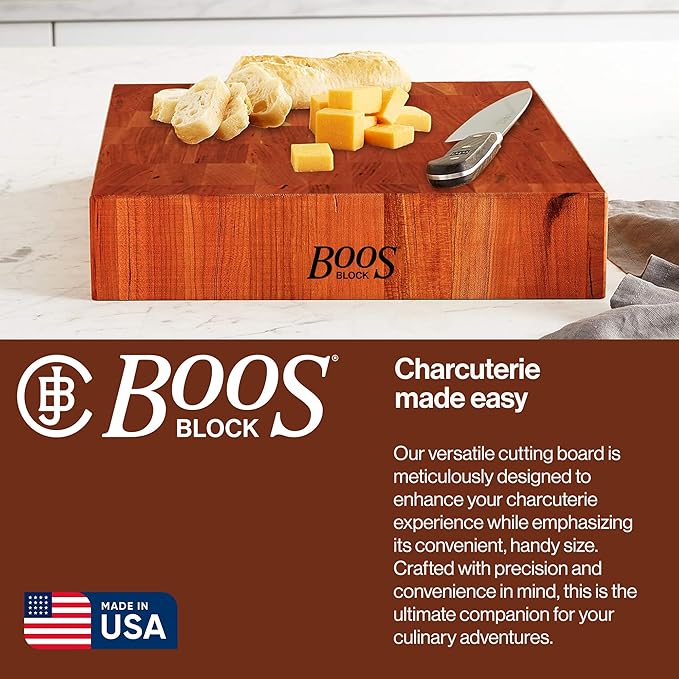 John Boos CCB Series Square Wooden Cherry Cutting Board 14”x14” – 3” Thick, 12-lb Reversible Butcher Block with End-Grain & Finger Grips – Made in the USA