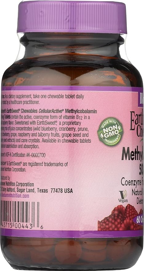 Bluebonnet Nutrition EarthSweet Chewables Cellular Active Methylcobalamin 5000mcg, Soy-Free, Gluten-Free, Non-GMO, Kosher, Dairy-Free, Vegan, 60 Chewable Tablets, 60 Servings, Raspberry Flavor