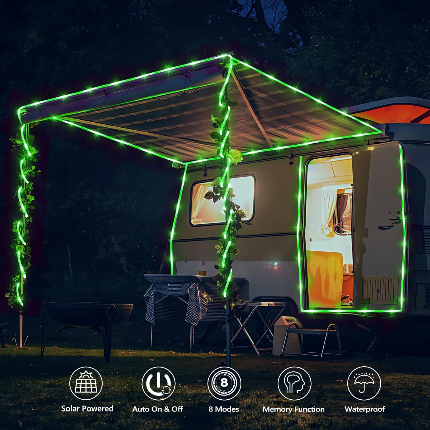 Jnaurb Solar Rope Lights, 66ft 200LED Waterproof Outdoor String Lights, Flexible Clear Tube, Green