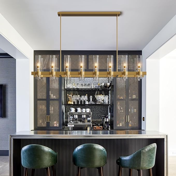 Brass Kitchen Island Lighting- 16-Light Linear Chandelier, Adjustable 54'' Modern Farmhouse Rectangle Pendant Light Fixtures, Dining Room, Bedroom