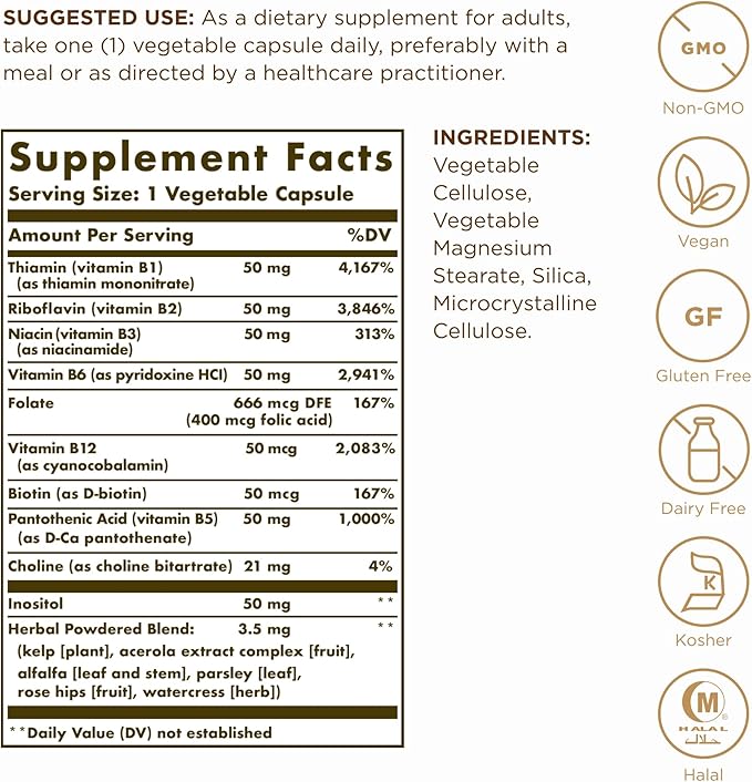 Solgar B-Complex "50" - 100 Vegetable Capsules - Energy Metabolism, Cardiovascular & Nervous System Support - Non-GMO, Vegan, Gluten Free - 100 Servings