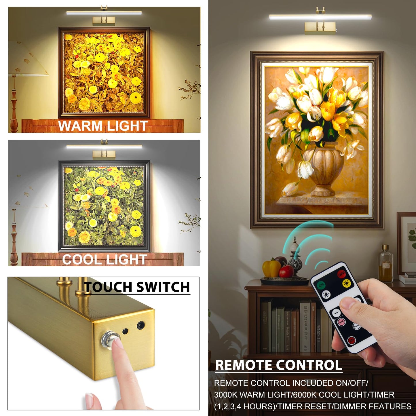 Raifoolly Picture Light 16In Wireless Battery Wall Lighting Remote Art Lights For discomfort-reducingtings With Timer And Dimmable For Display Photo Frame Portrait Dartboard-Copper
