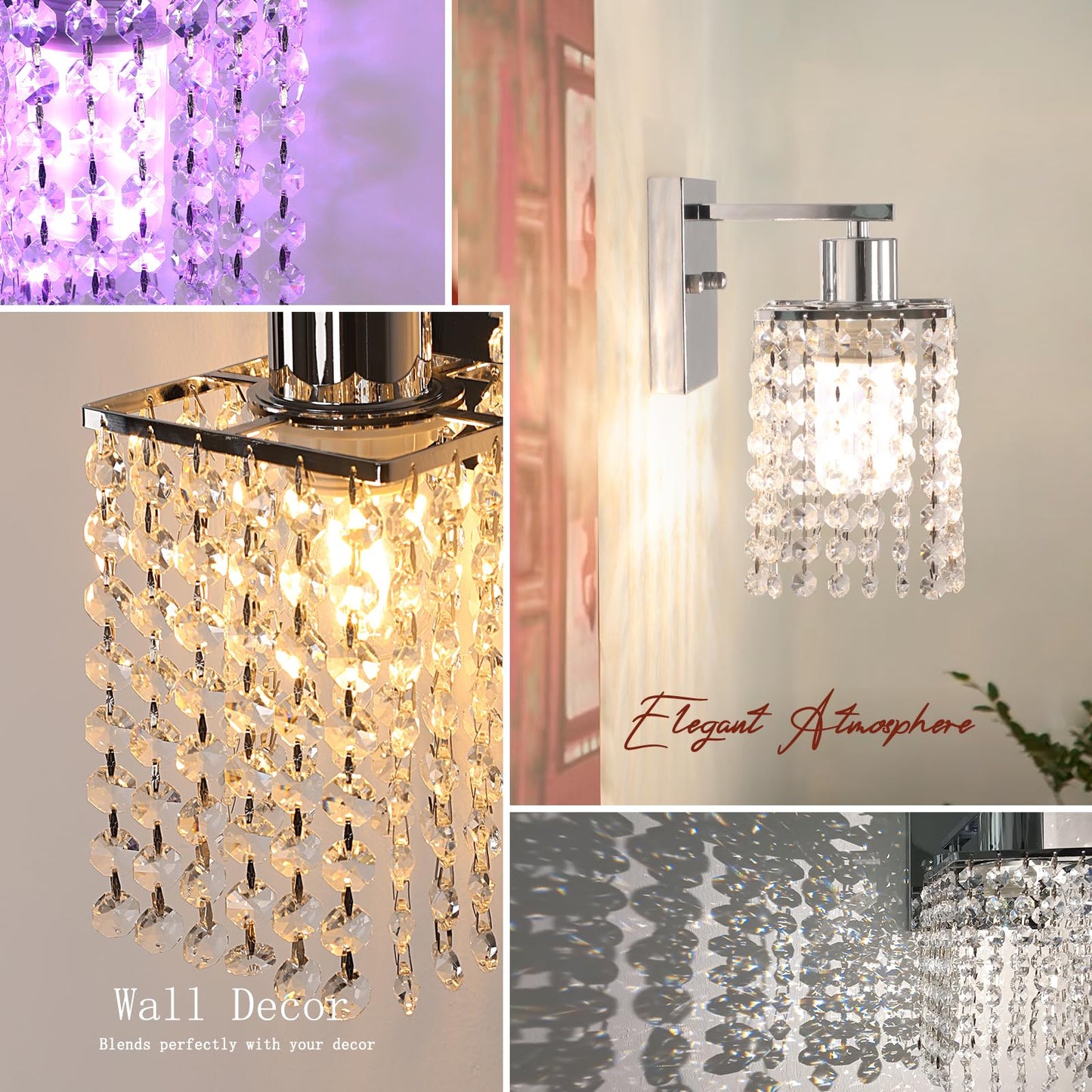 Shenmoyl Wall Sconce, Rechargeable Crystal Lamp, Dimmable Wireless Fixture, 1 Light, Clear-Silver Base, Model 1-73090-wlamp
