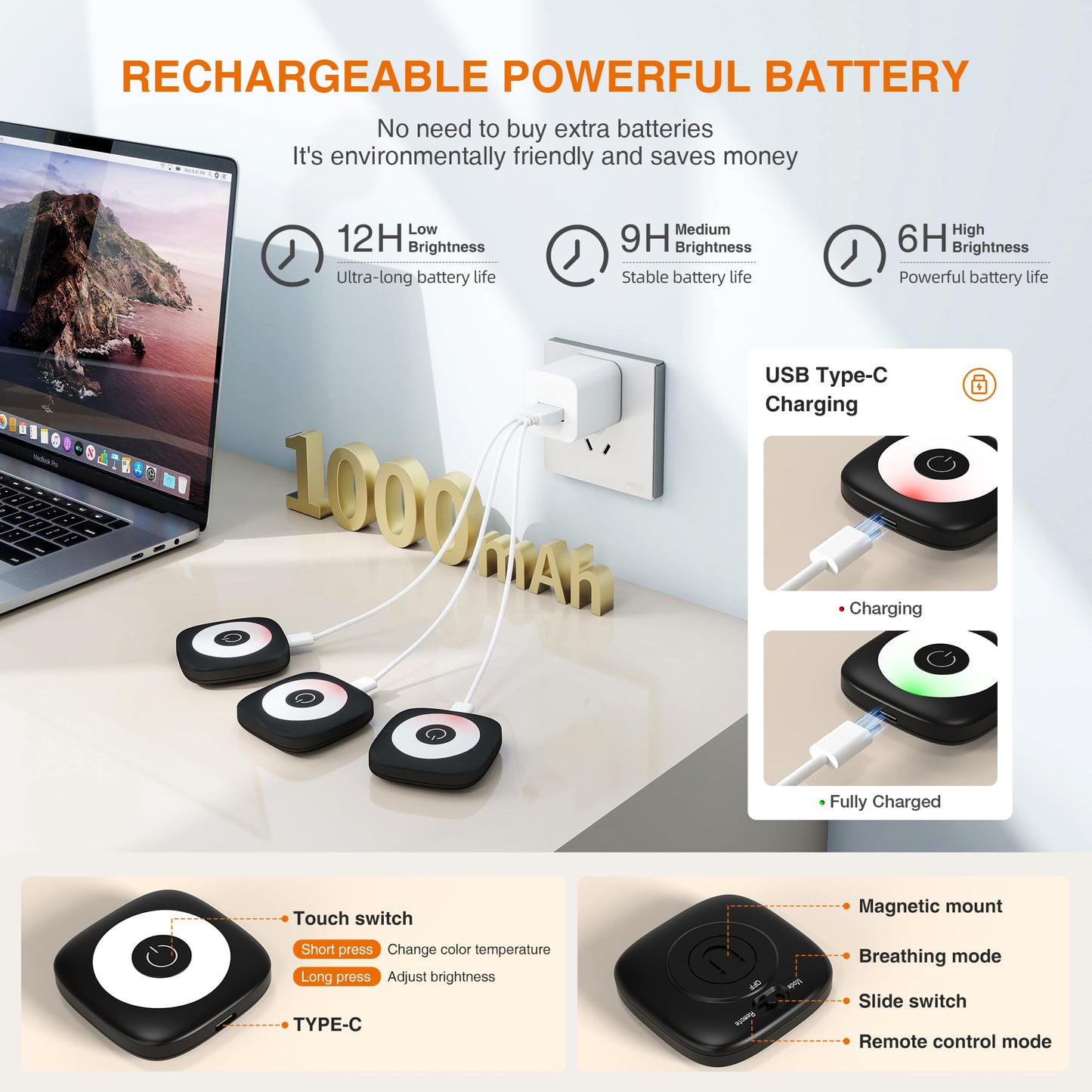 MICLIONLED Rechargeable Mini Puck Lights, Remote Control, Adjustable Brightness (10%-100%), 3 CCT, 6 Pack, White, Model M3-GB15