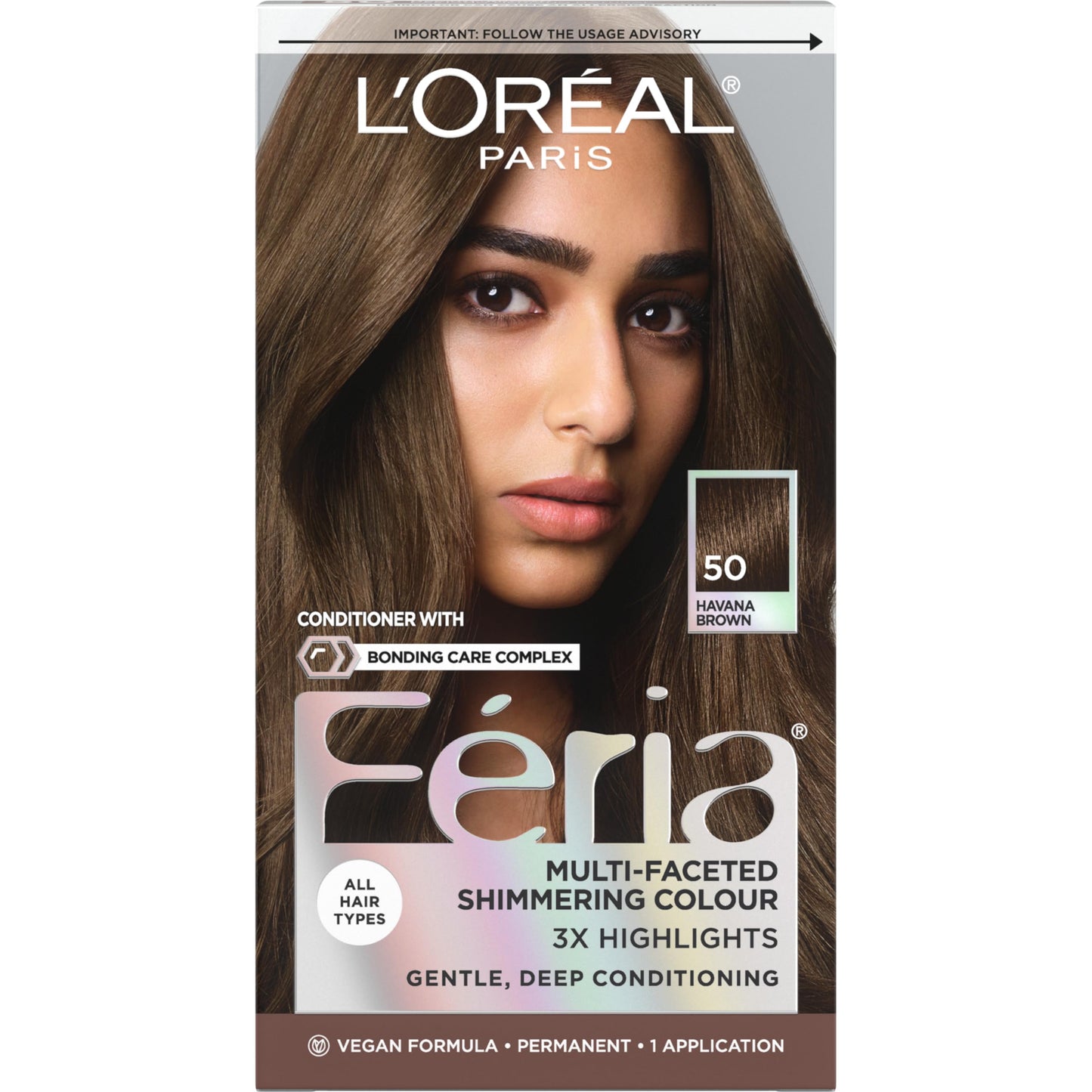L'Oreal Paris Feria Multi-Faceted Shimmering Permanent Hair Color, 50 Havana Brown (Medium Brown), Pack of 1, Hair Dye