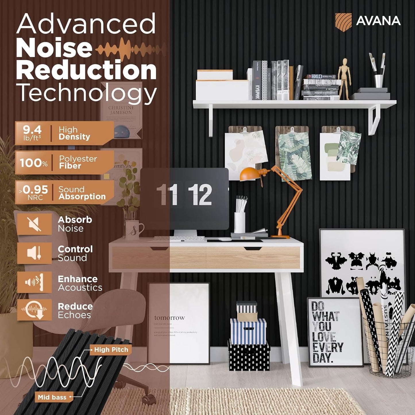 Avana Modern Acoustic Wood Wall Panels – 47.2 X 12.6 Inch Black Oak Acoustic 2 PCs – Wall Panels For Interior Wall Decor For Homes, Offices, Studios – Sturdy And Durable Wood Panels For Wall