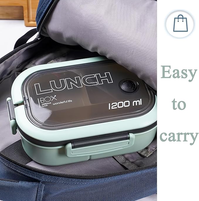 Bento Box Adult, Lunch Box for Men and Women, 1200ML Leak-proof Double-layered with Handle Lunchbox, Reusable BPA-Free Lunch Container, Microwave/Dishwasher Safe, Snack Box with Cutlery Set, Green