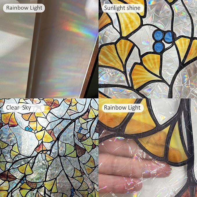 Fall Stained Glass Rainbow Window Privacy Film Autumn Leaf Window Cling, Stained Ginkgo Leaves, 118.11" x 16.93"