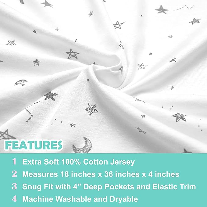 American Baby Company 100% Natural Cotton Fitted Cradle/Bassinet Sheet 36" x 18" - Soft, Breathable & Hypoallergenic Bed Sheet, Gray Stars and Moons, Neutral for Boys & Girls (Pack of 2)