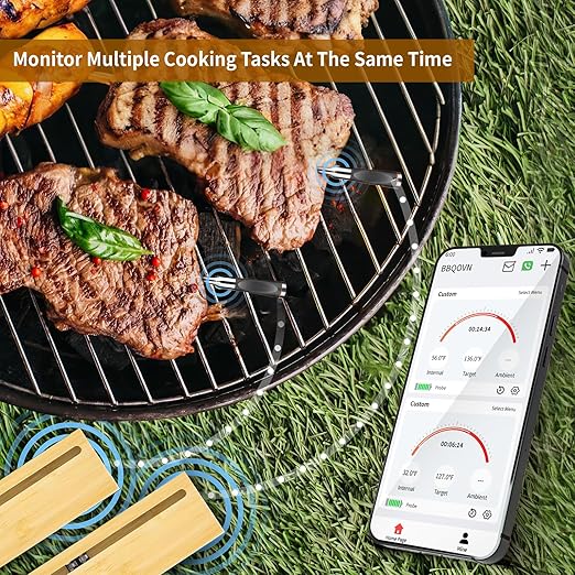 Smart Wireless Meat Thermometer Zero Wire with APP Remote Bluetooth Meat Thermometer, Food Thermometer for Remote Monitoring of BBQ Grill, Oven,Smoker,Pan (1, Black, Small)