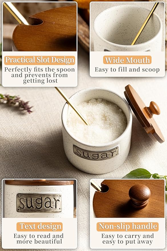 LYEOBOH Ceramic Sugar Bowl with Lid and Spoon, 15 OZ Sugar Holder for Coffee Bar Accessories, Sugar Jar for Countertop, Azucarera Farmhouse Home and Kitchen, White