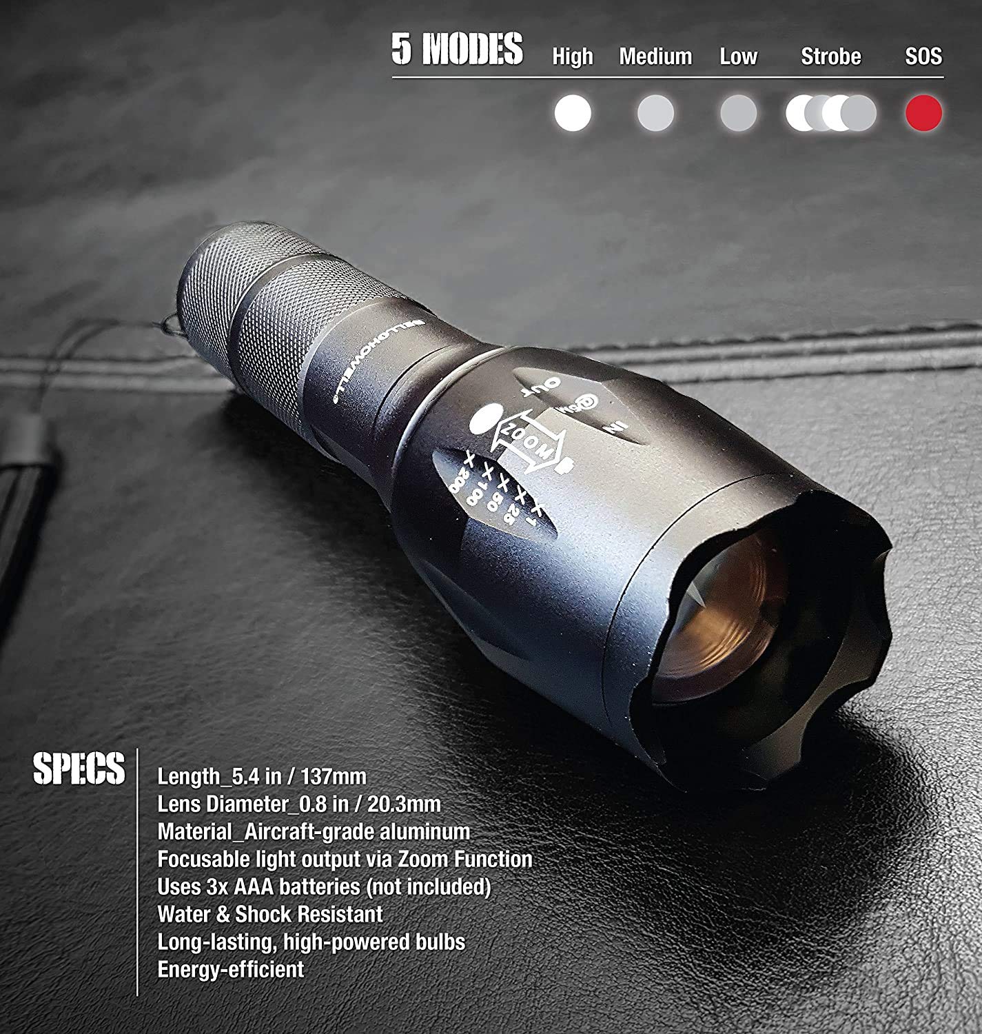 Bell+Howell Taclight Bright Led Flashlight Tactical Flashlights Zoom Function 5 Modes 100 000 Hour Bulb Water Resistant Durable Mini Flashlight 5.4  X 1.6  Battery Powered 3X Aaa