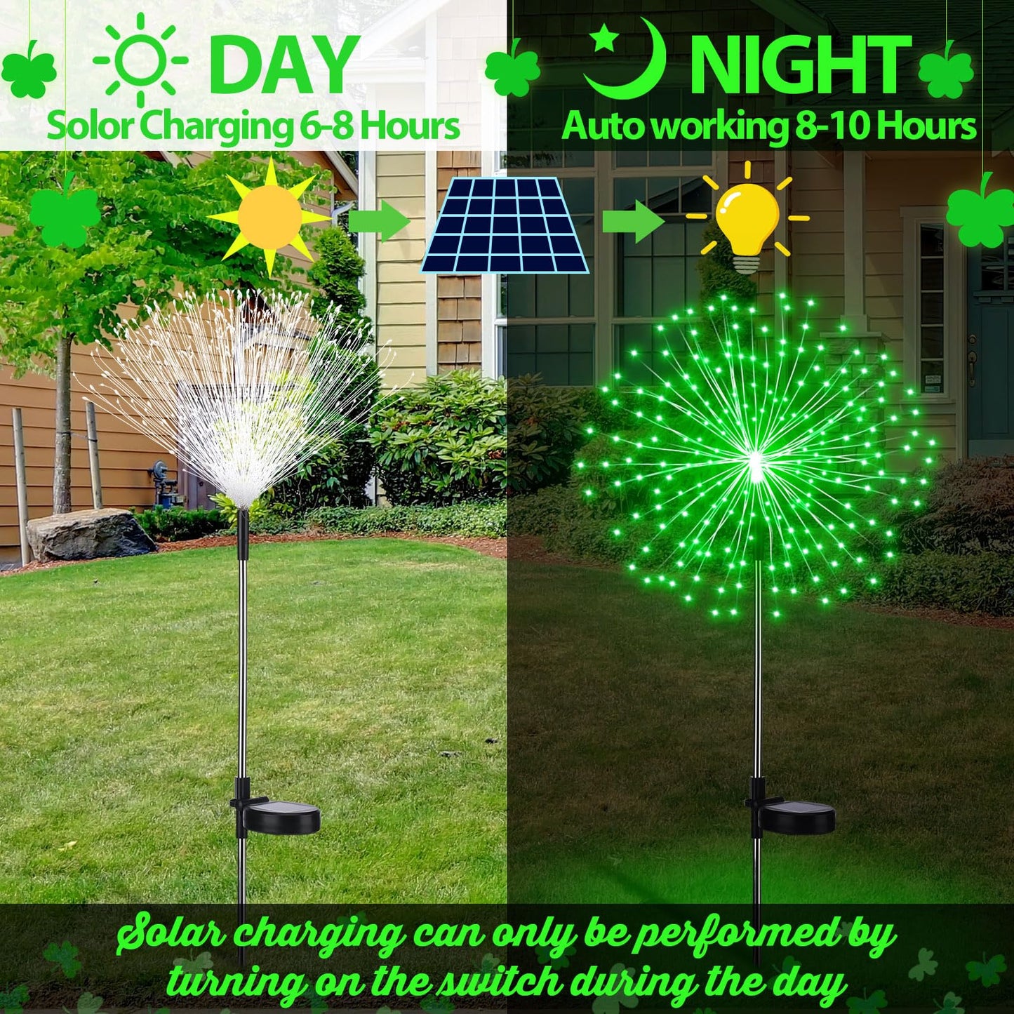 Tujoe 4 Pcs St Patricks Day Solar Lights Solar Firework Lights Decoration 180 LED 8 Modes Waterproof LED Stake Sparkler Decor for Irish Walkway Pathway Driveway Garden Patio Yard Lawn(Green)