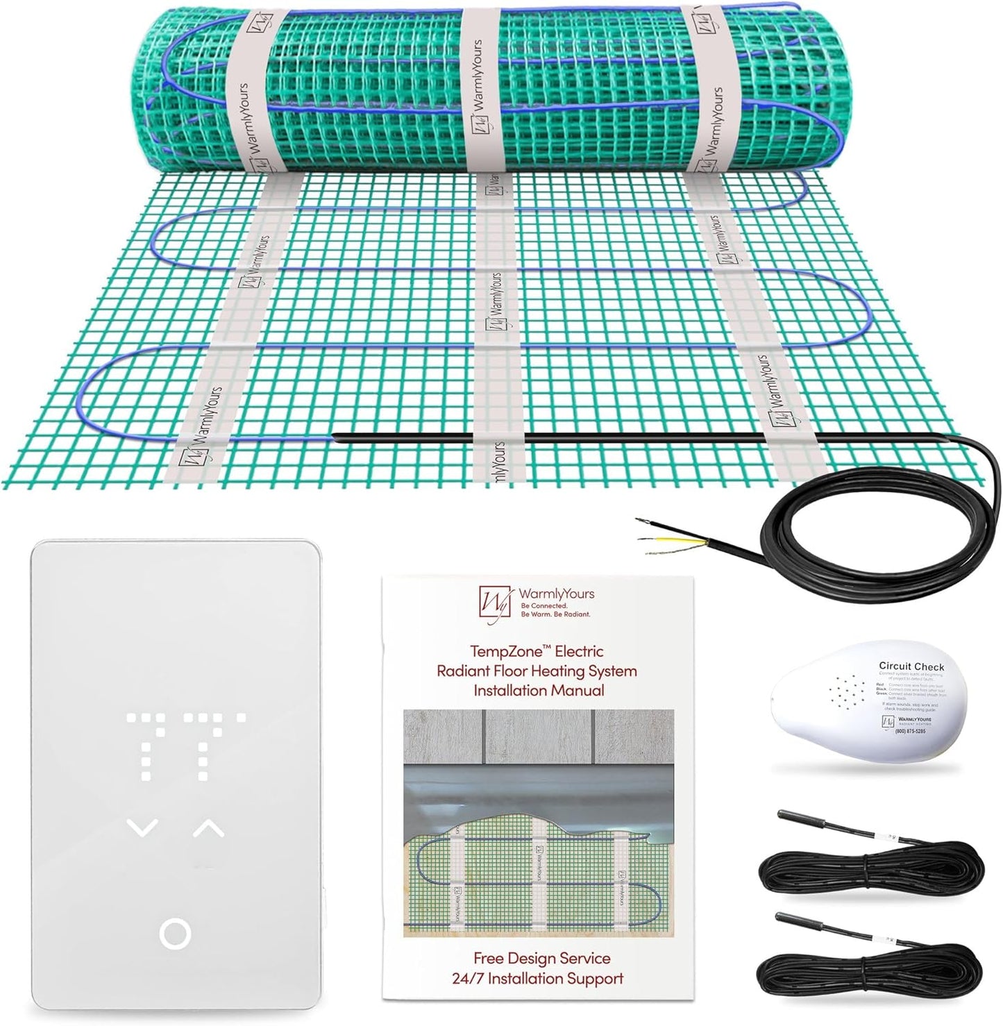 99 Sqft Heated Floor Mat Kit with Radiant Floor Heating System Thermostat UTN5, Two Sensors, Tester, 120V Electric Radiant Floor Heating Mat installs under Bathroom Tile, Vinyl - WarmlyYours TempZone