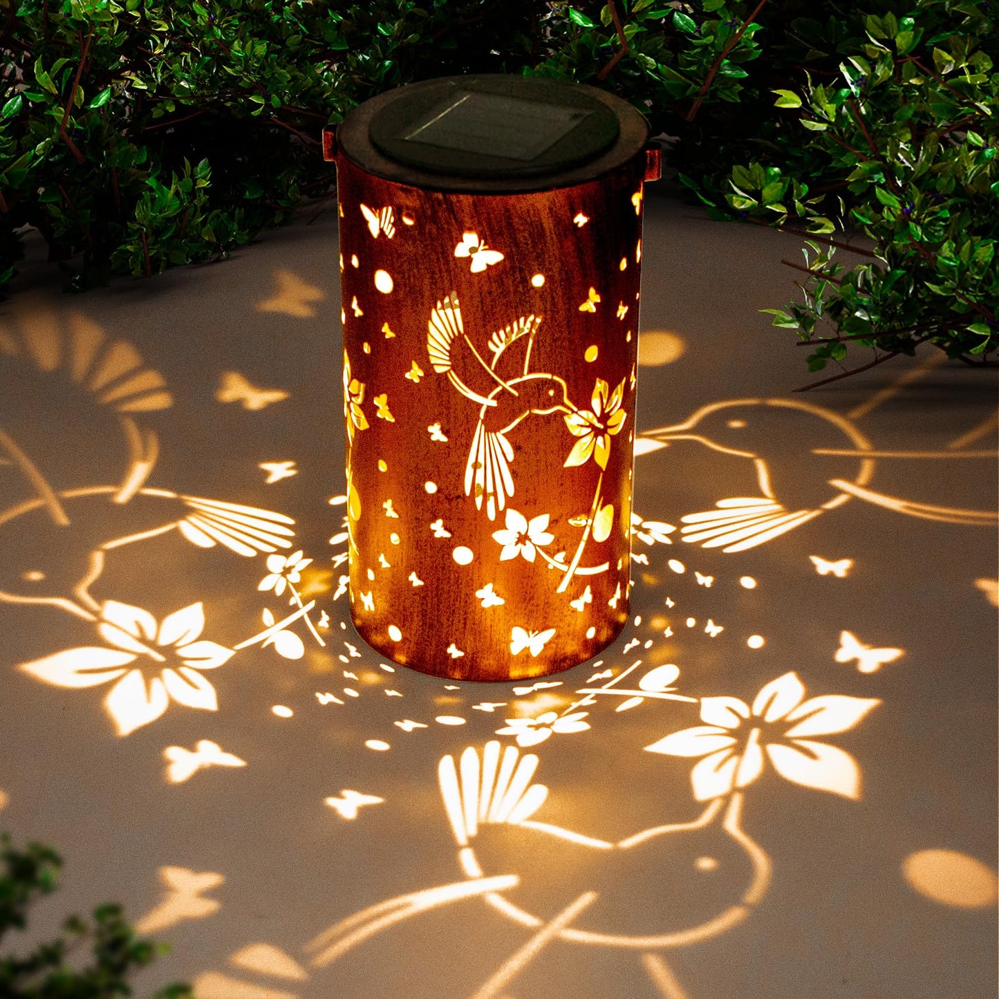 DIBIEECN Solar Lantern Hummingbird Hollowed-Out LED Garden Light, Bronze, Waterproof, Model RC-DL1004