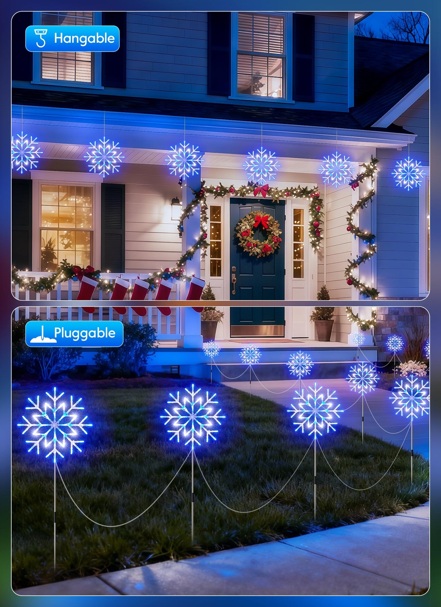 Brightown Large Snowflake Pathway Lights,Total 20-Pack 34" Outdoor Snowflake Christmas Lights Decor for Yard, 8 Modes Sidewalk Marker Stake for Driveway Walkway, IP44 Waterproof, Blue and White