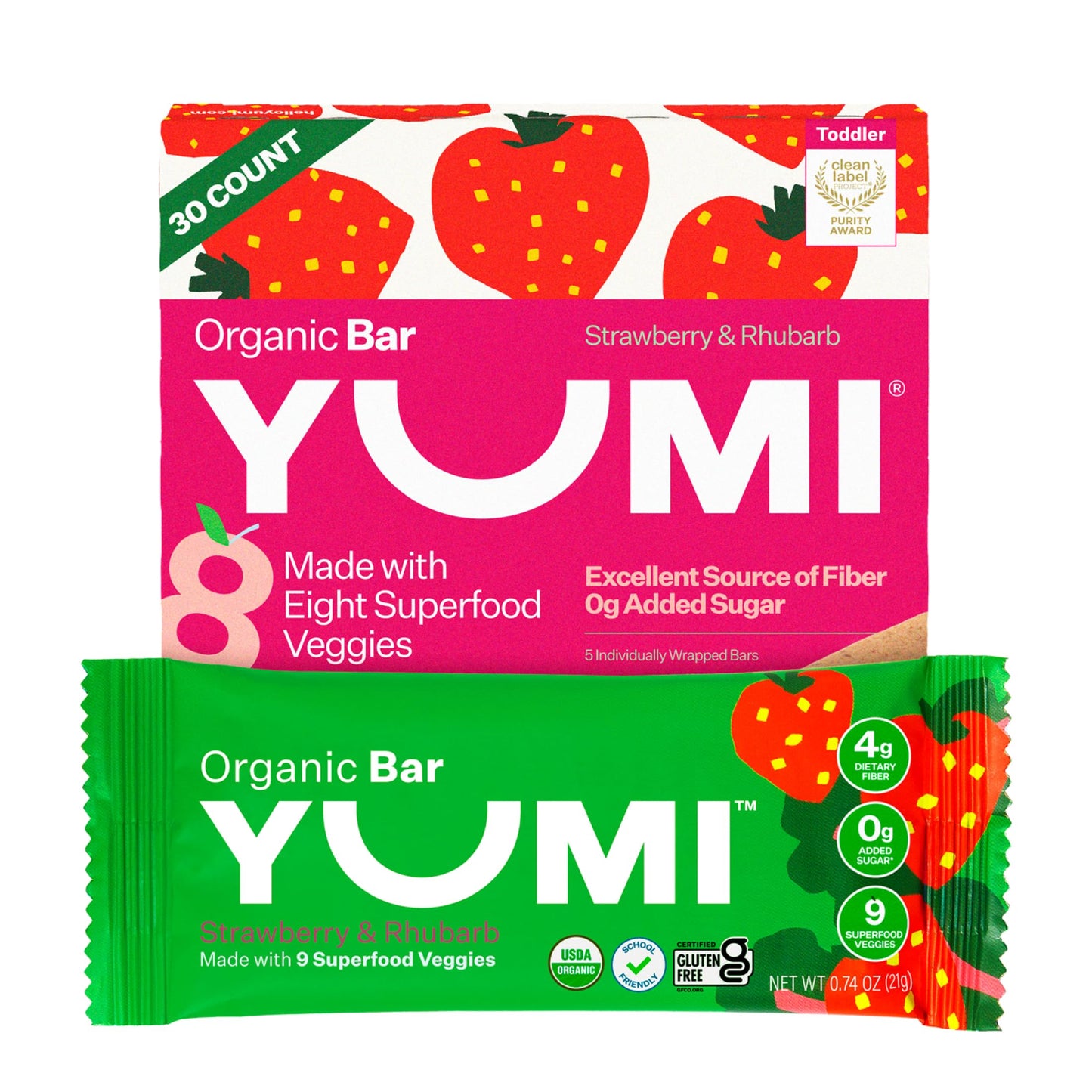 Yumi Organic Toddler Snacks Bars - Gluten-Free  No Added Sugar  7+ Vegetables  Soft-Baked Crust  Yumi Bars Healthy Toddler Organic Snacks - School Safe and for Lunch Boxes  Strawberry & Rhubarb (30ct.)