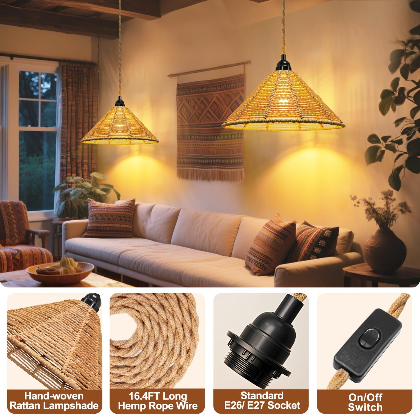Hanging Lamps Rattan Pendant Light - 16.4Ft Plug In Cord Hanging Light Fixture Plug Into Wall Outlet Pendant Lighting With On Off Switch For Bedroom Living (Industrial Shade)