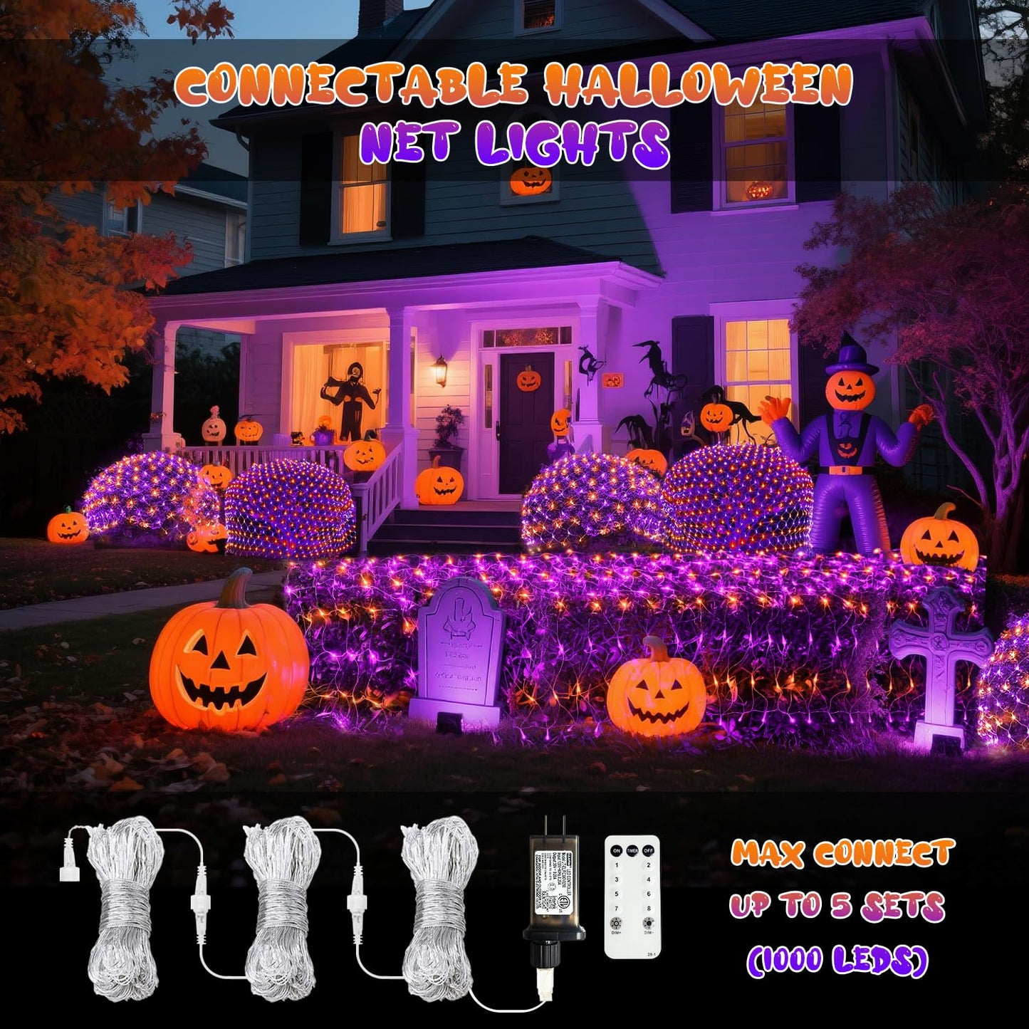 JMEXSUSS Halloween Net Lights, 200 LED, 9.8FT x 6.6FT, Connectable, Orange and Purple, Outdoor Mesh Light for Garden Decor
