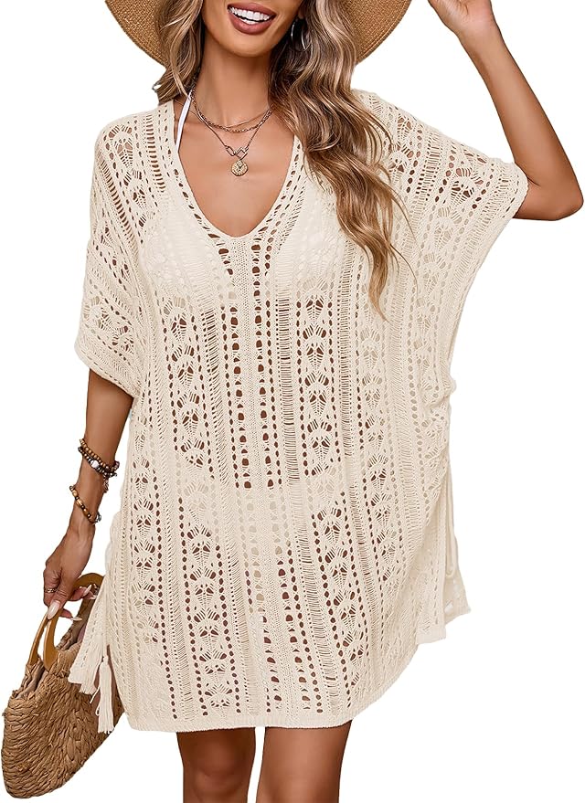 BreathSunny Womens Crochet Knit Swimsuit Coverup Beach Dress Summer 2025 Oversized V Neck Cap Sleeve Bathing Suit Cover Up