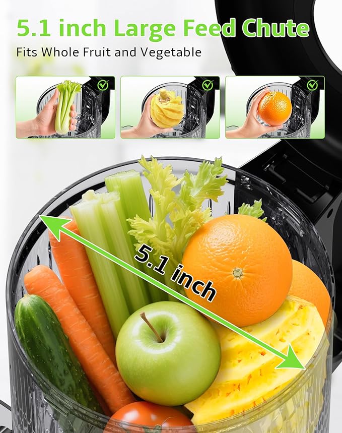 Cold Press Juicer, Slow Masticating with Wide Feed Chute for Whole Fruits & Vegetables | Higher Juice Yield & Nutrient Retention | BPA-Free, 300W Quiet Motor | Easy to Clean Juice Extractor Machine