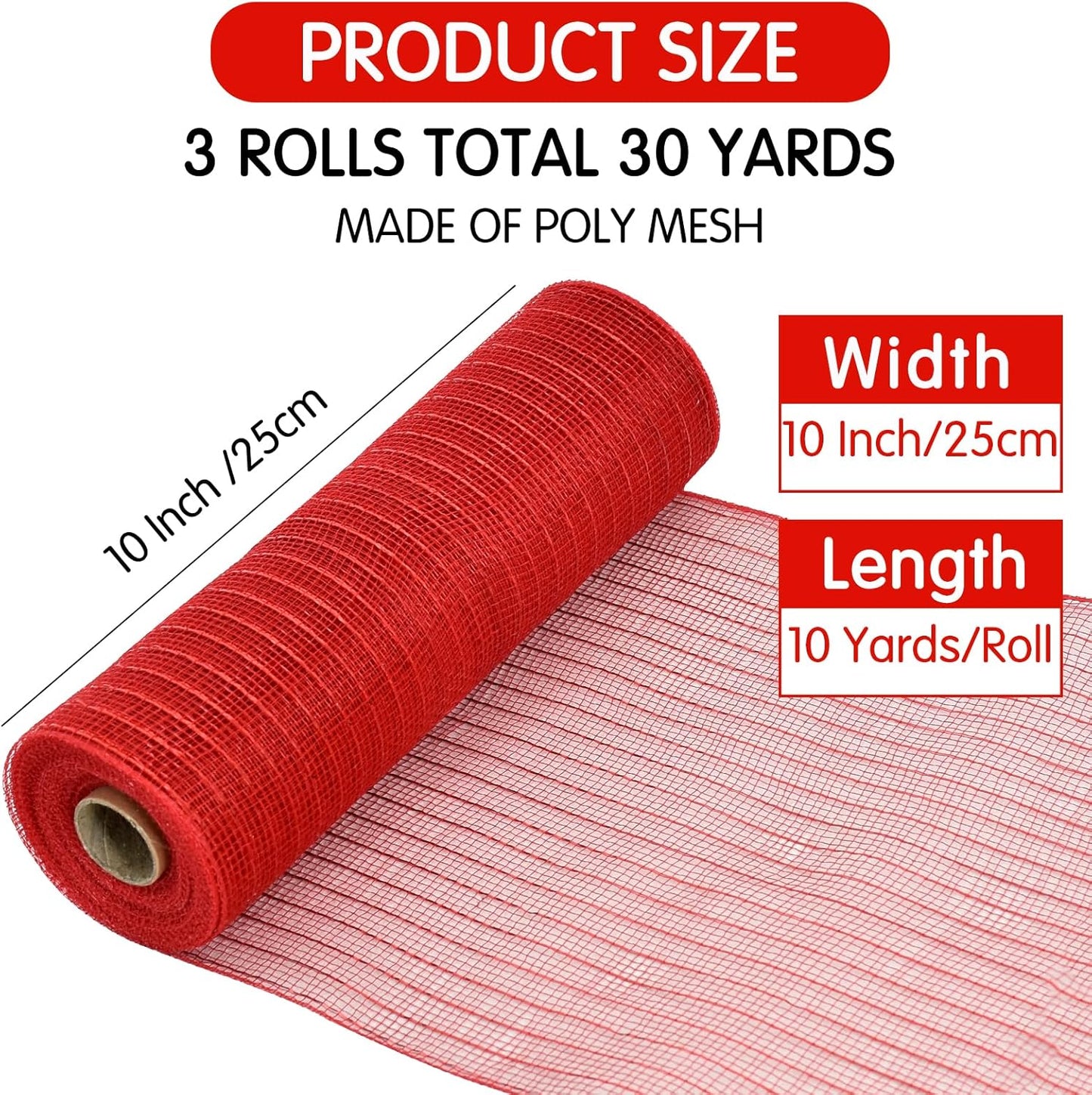 TONIFUL 3 Roll 10 Inch Red White and Green Decorative Mesh Ribbon Rolls, Fabric Mesh with Foil for Wreaths Front Door Decor Christmas Festival Party Accessories Party Decoration Supplies (10yds/roll