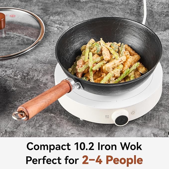 10.2 Inch Iron Wok, Cast Iron Wok Pan with Glass Lid, Uncoated Flat Bottom Wok for Stir-Fry & Saute, Woks & Stir-Fry Pans for Electric, Gas & Induction Cooktops