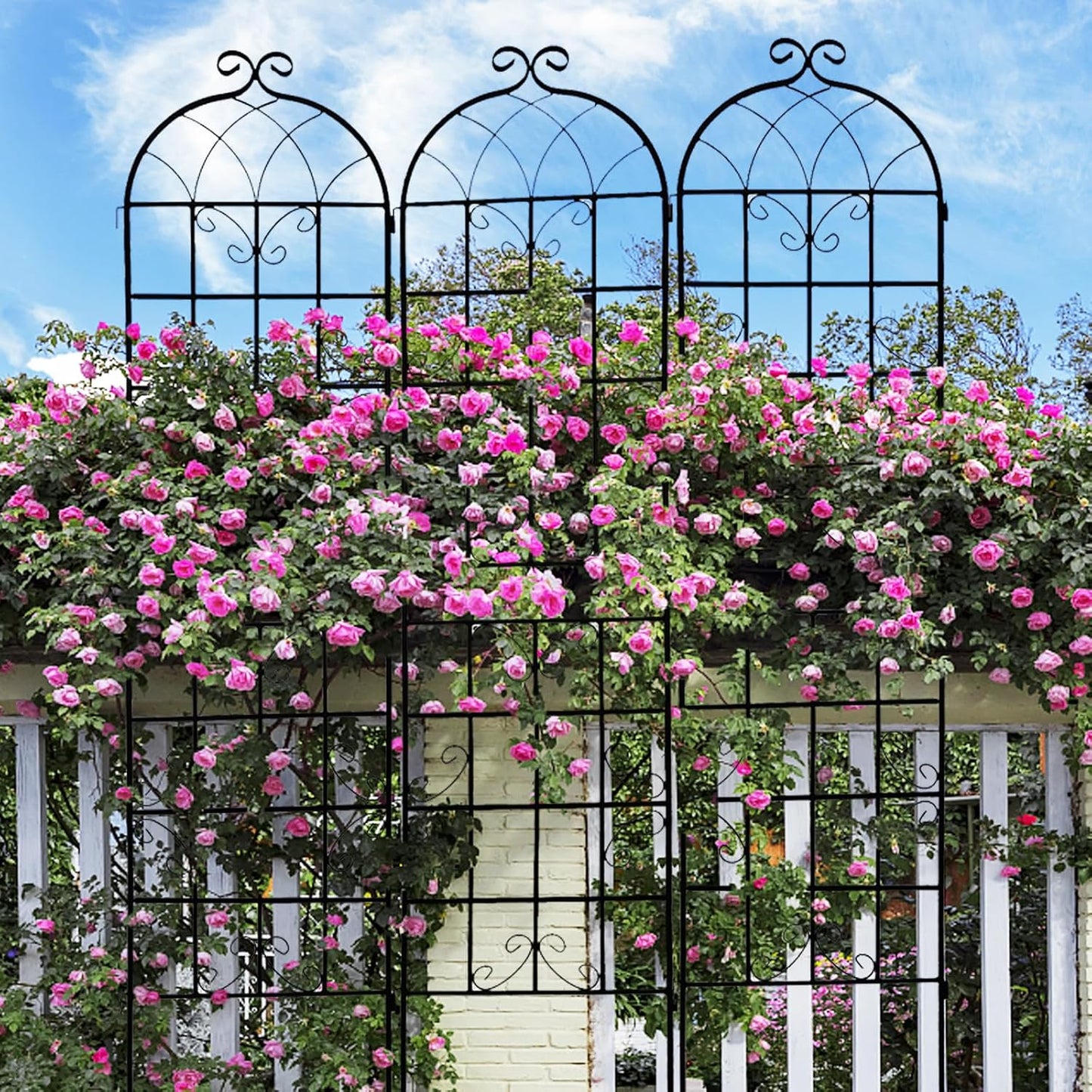 6 Pack Metal Garden Trellis for Climbing Plants, 86.7" Tall Rustproof Outdoor Trellis Panel with Vine Design, Decorative Black Iron Plant Support for Vine, Rose, Flower, Garden Wall