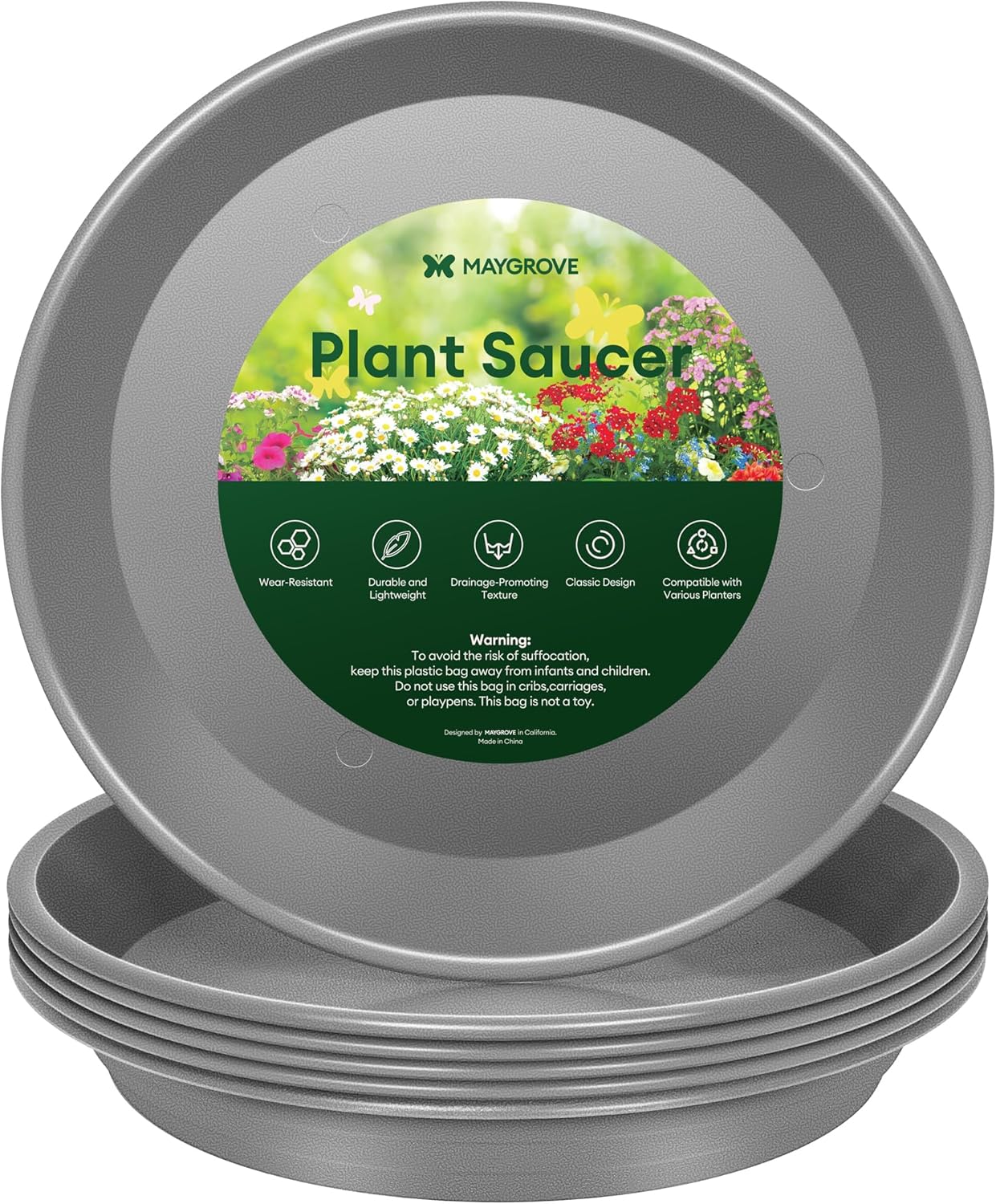 6 Pack Plant Saucer, 8 10 12 inch Plant Saucers for Indoor, Heavy Duty Plastic Plant Trays for pots, Grow Bags, Bird Baths, Flower Drip Trays for Indoor and Outdoor Uses (12", Gray)