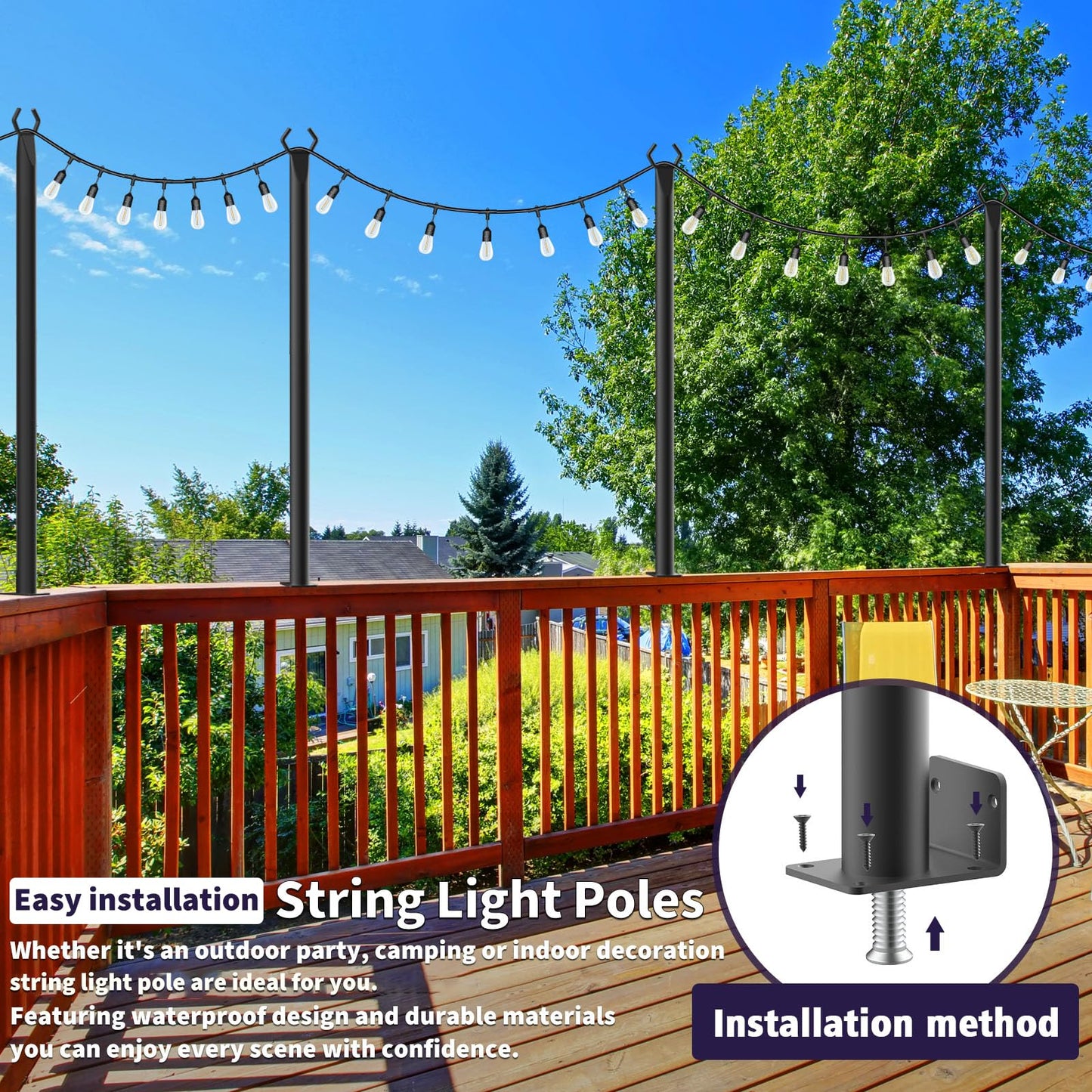 Mutovlin String Light Poles, 5FT Metal Outdoor Lighting Stand, 6 Pack, Black