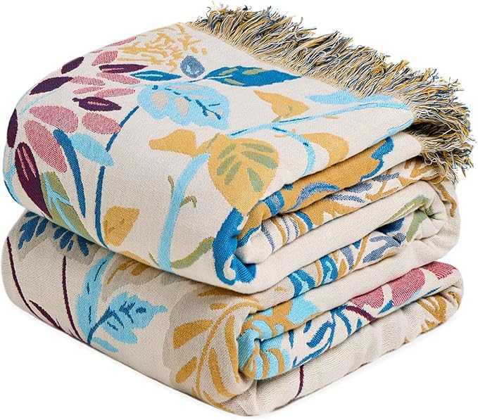 MSGKV Boho Throw Blanket for Bed Cotton 60"x80" Floral Blanket Twin Size Couch All Seasons Muslin Breathable Lightweight Farmhouse Blankets