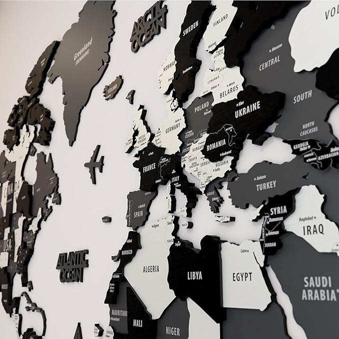 Colorfull Worlds 3D Wooden World Map Wall Art | Unique Wall Decor with Pins for Travel Enthusiasts | Home and Office Wall Décor | Grey | XXLarge