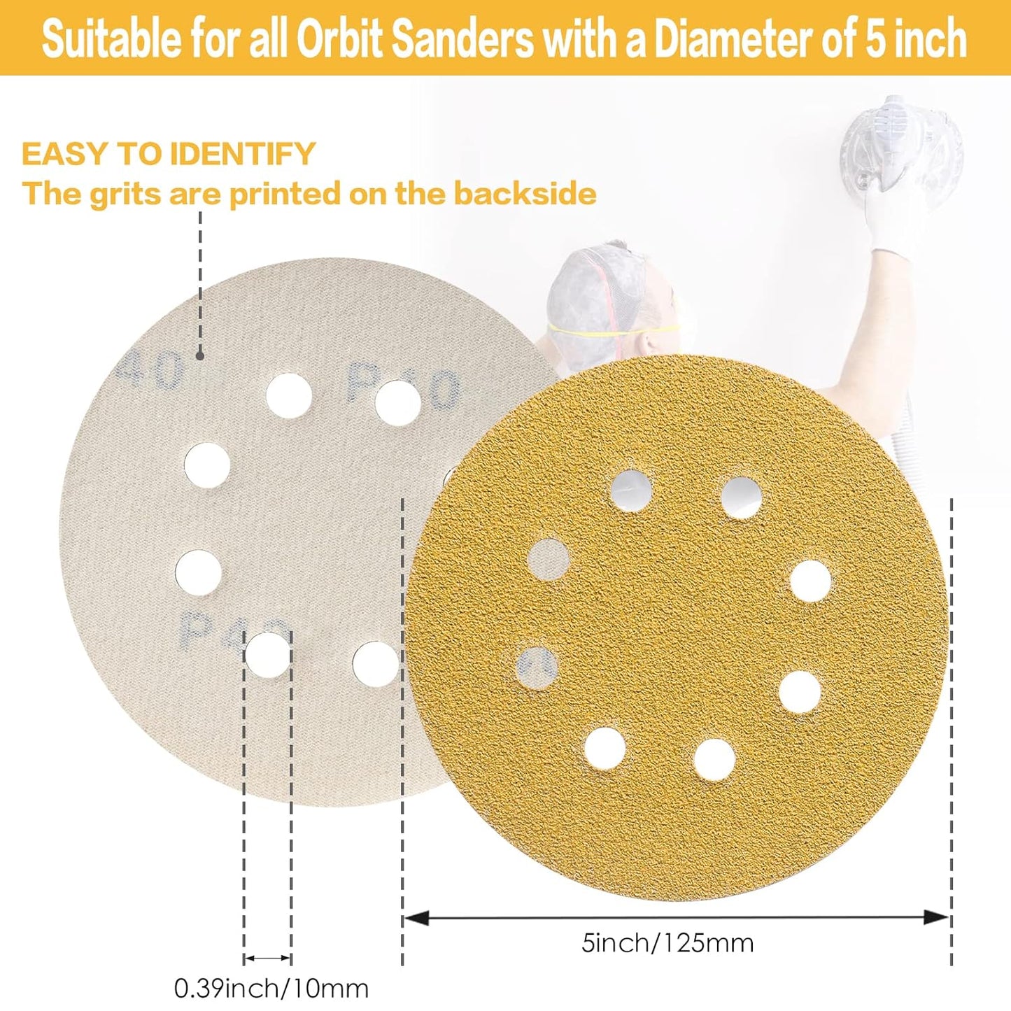 100PCS 5 Inch 8 Hole Sanding Discs 600 Grit,Gold Round Hook and Loop Sandpaper for Random Orbital Sander
