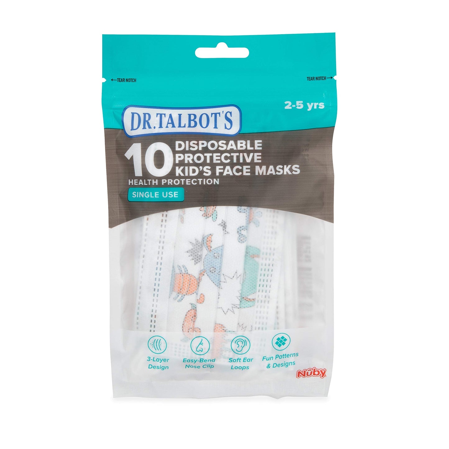 Dr. Talbot's Disposable Protective Face Masks for Boys 2-5 Years - 10-Count - Disposable 3-Layer Single Use Face Masks with Easy-Bend Nose Clip and Soft Ear Loops