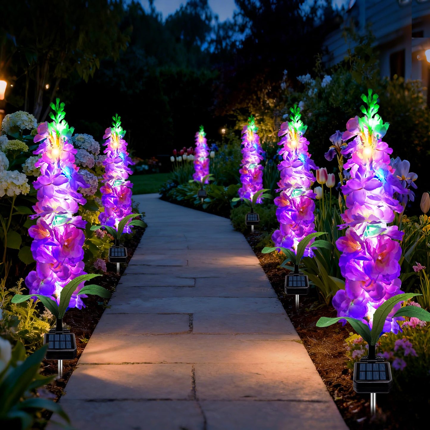 Mrhephaestus Solar Garden Lights  Solar Purple Delphinium Flowers Lights 4 Pack 80 Leds  Waterproof Outdoor Light Two Lighting Modes For Outside Wedding Party Garden Yard Patio Lawn Decor