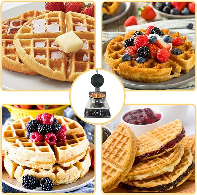 Commercial Waffle Maker, 1200W Stainless Steel Round Waffle Irons with Adjustable Temperature and Time Control, Non-Stick Design, Perfect for Home Kitchen, Restaurant, Bakeries