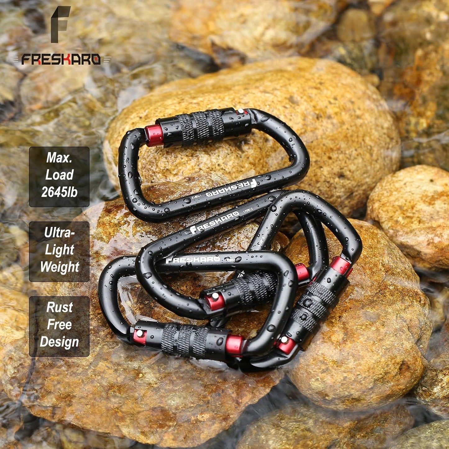 FresKaro 3inch 12kN-2698lbs Auto Locking Carabiner Clips, Solid D Shape, Heavy Duty 7075 Aluminum, Lightweight 1.09oz, Rust Proof, for Hammock, Hiking, Dog Leash, Keychain etc., Multi-Colors