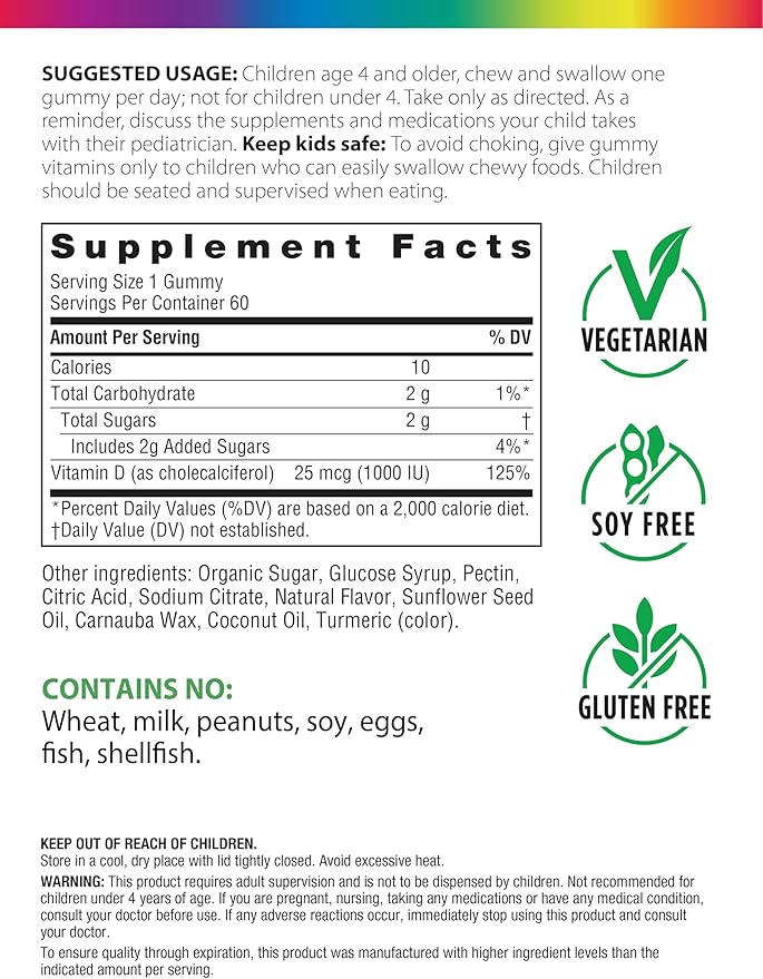 Rainbow Light Kid's Sunny Gummies Vitamin D3 1000 IU Gummy Supplement, Assorted Fruit Flavor, 60 Count, 1 Bottle