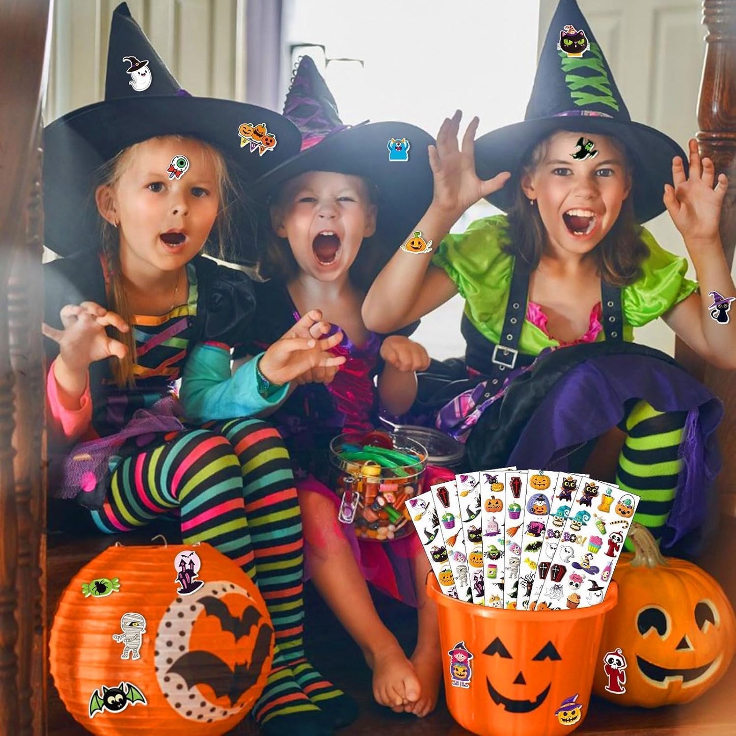 UPINS Halloweens Stickers for Kids, 12 Sheets 3D Happy Halloween Stickers Cute Puffy Stickers Ghost Pumpkin Skull Bat Spider Foam Stickers for Halloween Party Favors Scrapbooking DIY Crafts