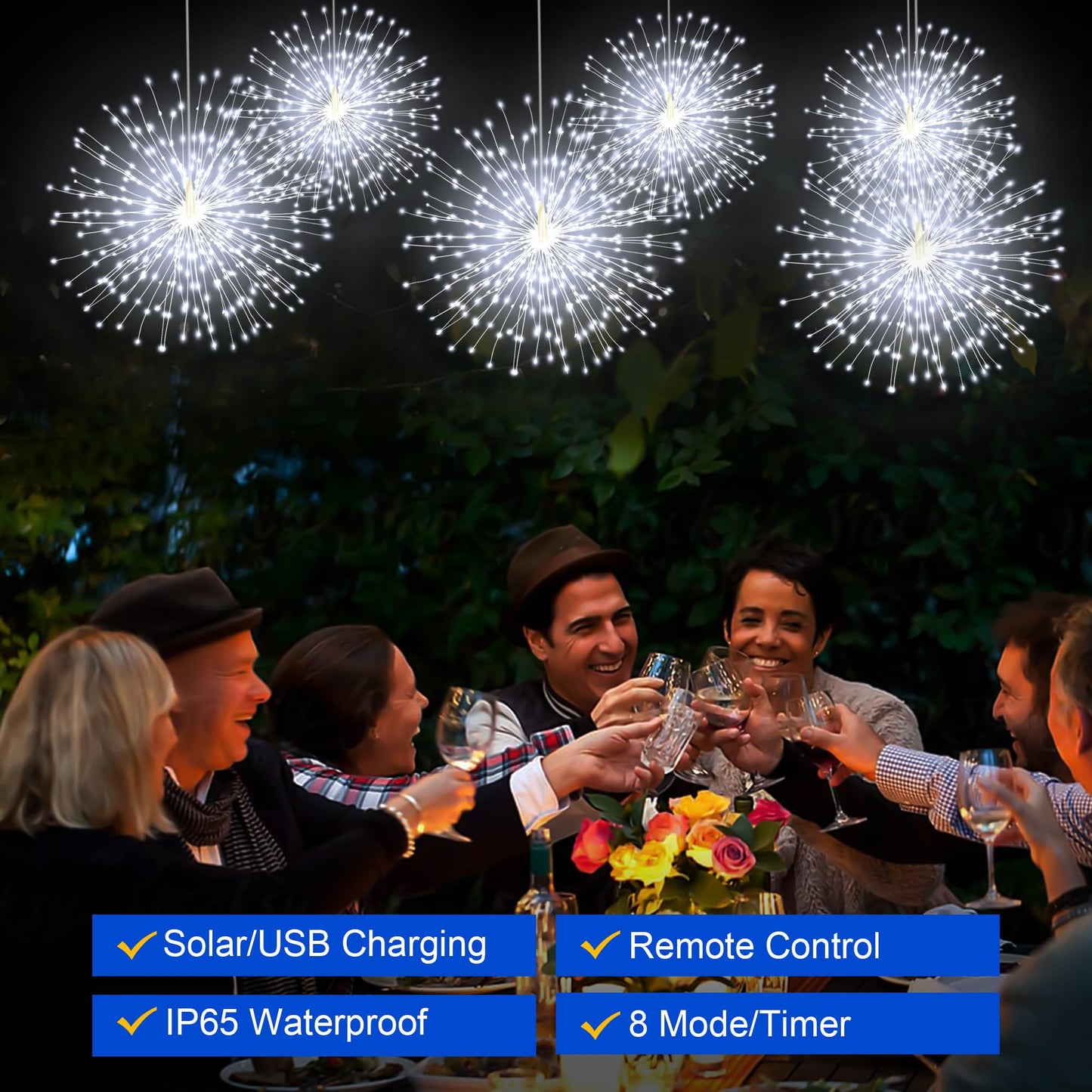 Solar Christmas Firework Lights Outdoor  5 Pack 1000Led Solar Starburst Lights With Remote  8 Modes Dimmable Waterproof Hanging Fairy Lights For Garden  Patio  Holiday Christmas Decor (White)