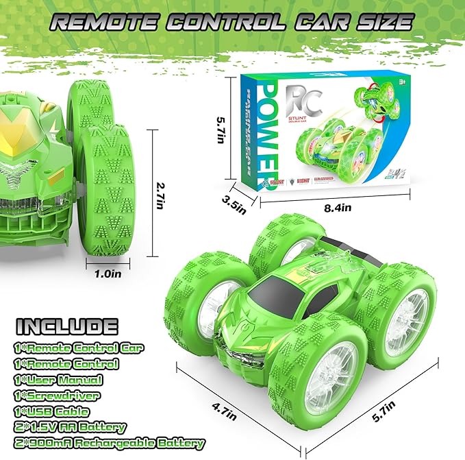 Remote Control Car for Kids, RC Stunt Cars Toys for Boys Ages 4-7 with Cool Double-Sided Pattern and LED Flash, 1:24 Vehicle Toy Car Hobby Racing Car Toys Gift for 3 4 5 6 7 8 9 Year Old Boys