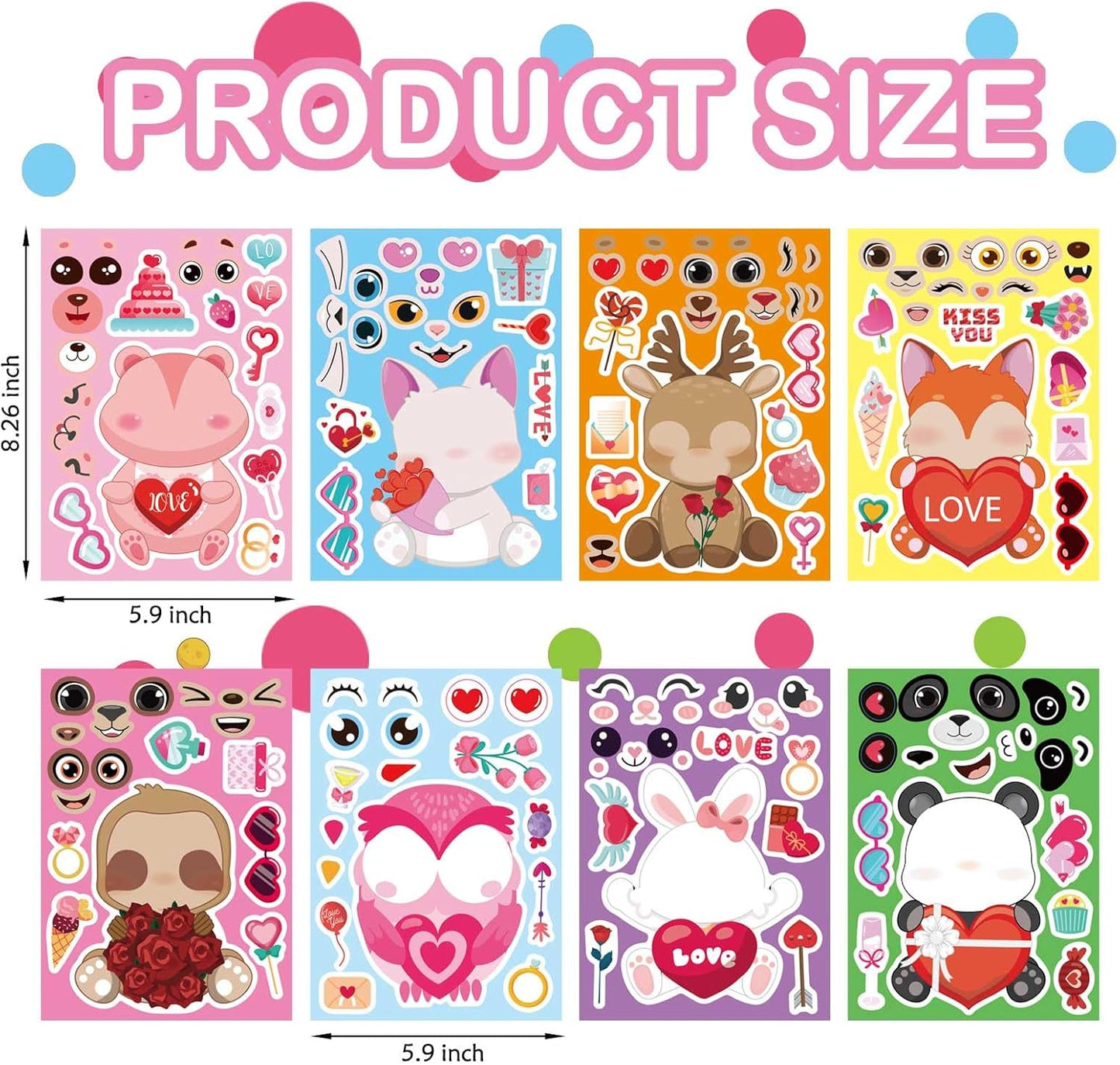 32 Sheets Valentine Stickers for Kids, Valentine's Day Make a Face Stickers, Make Your Own Stickers 8 Designs of Animal Owl Rabbit Bear Stickers for Boys Girls