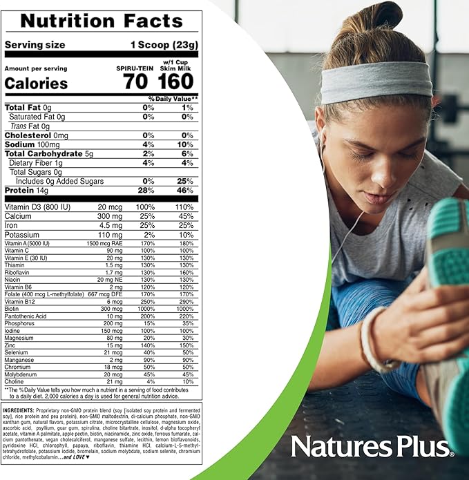Natures Plus SPIRU-TEIN Simply Natural, Original Vanilla - 1.63 lb, Pack of 2 - Unsweetened Plant-Based Protein Shake - Non-GMO, Vegetarian, Gluten Free - 64 Total Servings