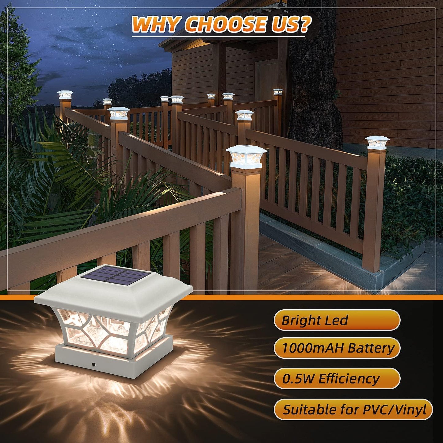 APONUO Solar Post Cap Lights, 16 Pack, IP64 Waterproof, 1000mAh Battery, for 4x4 5x5 6x6 Fences, White,