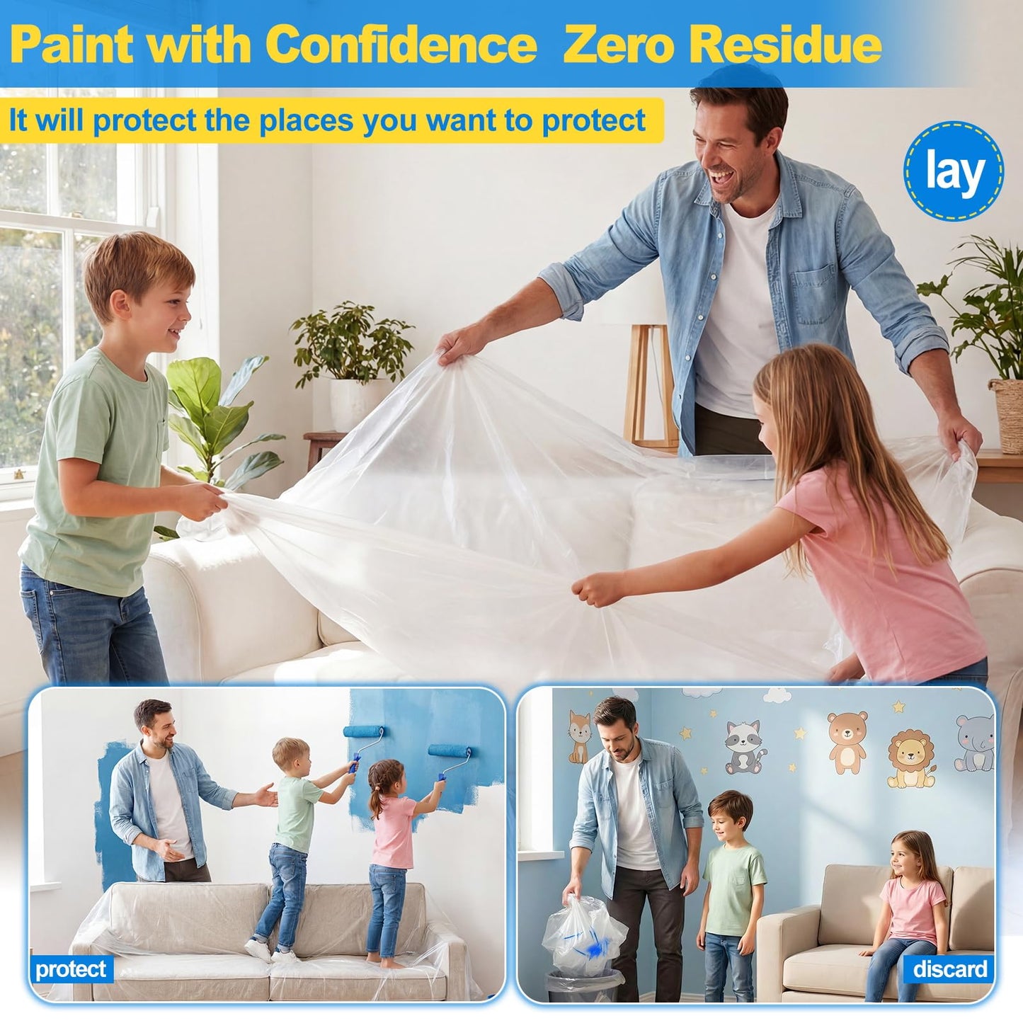 6 Pack Premium Plastic Drop Cloths for Painting 9x12ft, Waterproof & Dust-Proof Painters Plastic Drop Cloth, Disposable Plastic Paint Tarp for Home Renovations & DIY Projects