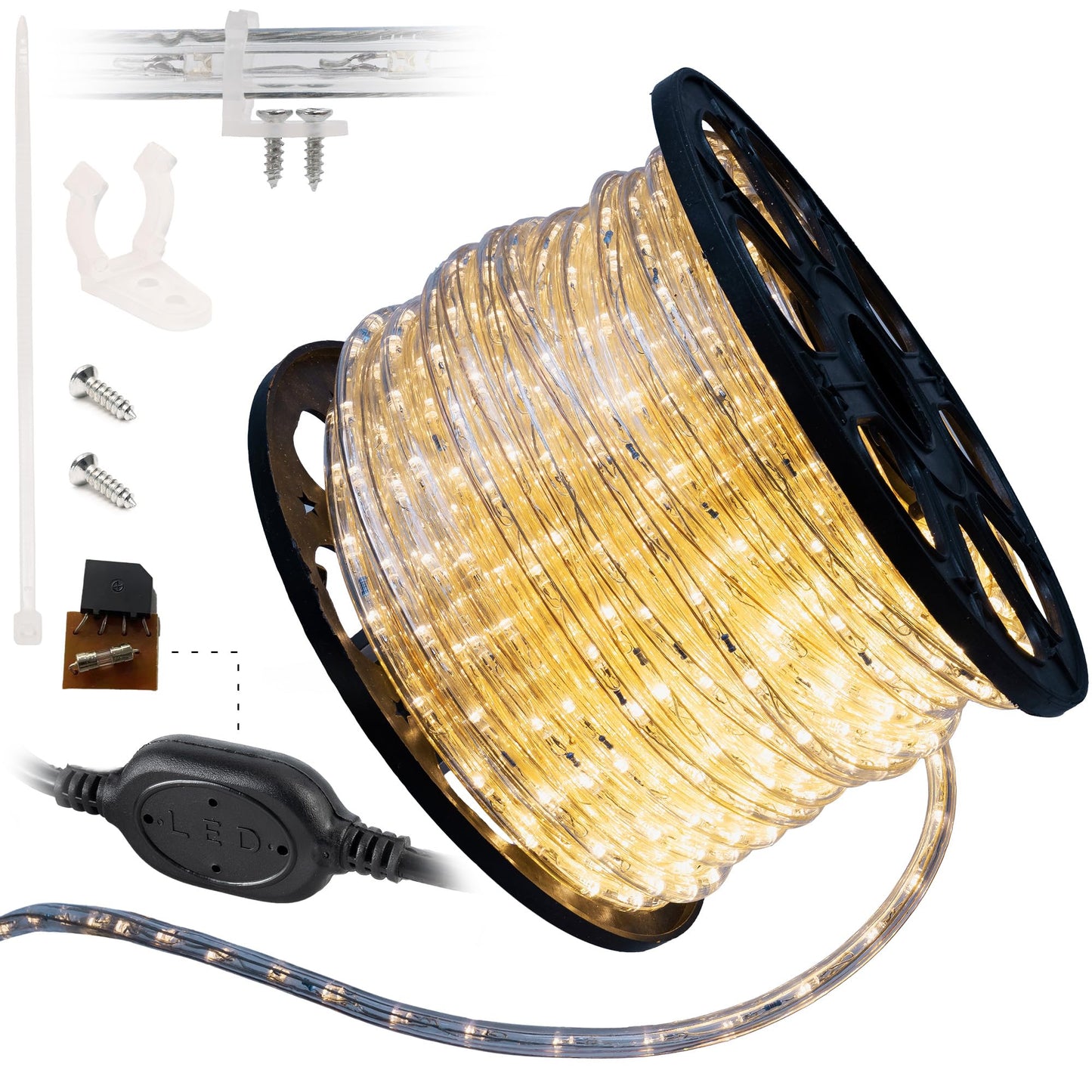 WYZworks LED Rope Lights, 150ft Waterproof, Clear PVC, Warm White, Model AM-LEDROPE-WMWHT-PRE-150FT, Outdoor Holiday Decorative Lighting