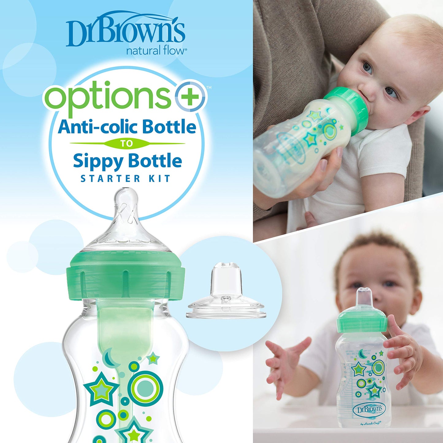 Dr. Brown's Anti-Colic Options+ Wide-Neck Sippy Bottle Starter Kit, 9oz/270mL, with Level 3 Medium-Fast Flow Nipple and Soft 100% Silicone Sippy Spout, Green, BPA Free, 6m+, 2 Pack