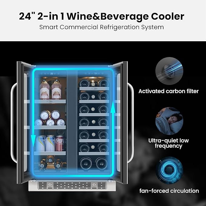 Whynter 24 Inch Dual Zone Wine and Beverage Refrigerator, 20 Bottle 60 Can Wine Fridge with Glass Door, 36-72°F Built-in Freestanding Under Counter Wine Cooler with 3 LED Light(4.1 cu.ft)