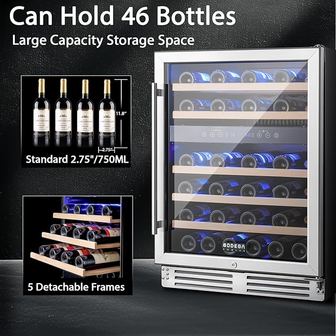BODEGA 24 Inch Wine Cooler Refrigerator, 46 Bottle Dual Zone Wine Fridge with Double-Layer Tempered Glass Door,wine refrigerator with Temperature Memory Function, Built-in or Freestanding wine cooler.